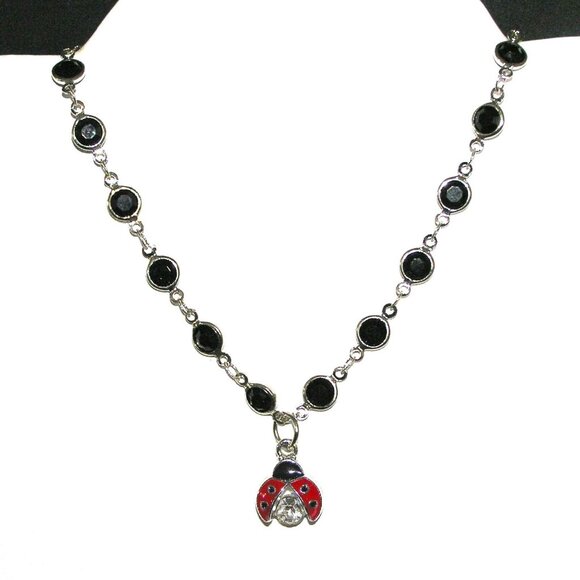 Lucky Ladybug Necklace, Black Crystal With Ladybird Charm With White CZ, NEW - Picture 1 of 2